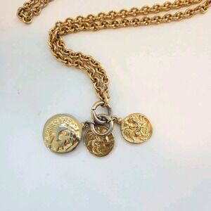 Vintage Gold Tone Dangle Necklace with Faux Coins On Chunky Chain